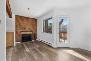 living room with exposed beams at Boardwalk Realty Boulder, North Boulder apartments for rent