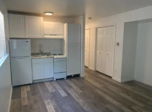 modern kitchen and living area at Canyon Place, Boulder apartments
