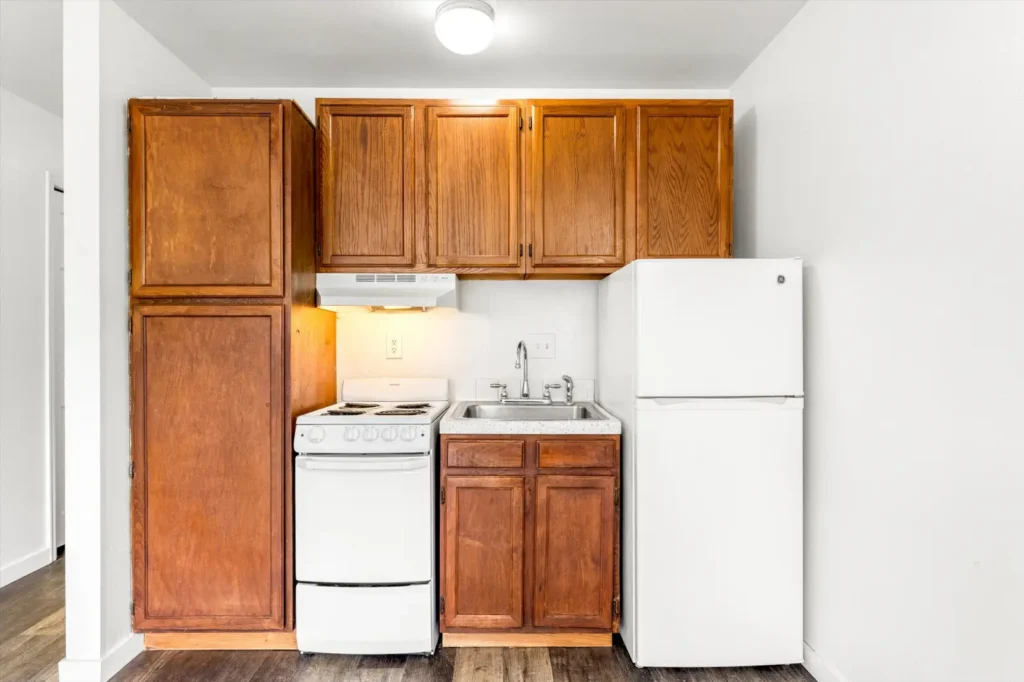 compact kitchen at Boardwalk Realty Boulder, studio apartments Boulder, CO