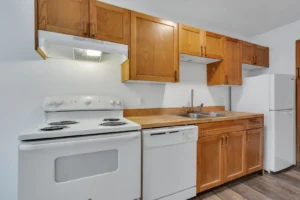 kitchen with appliances at Canyon Crest, 1 bedroom apartments Boulder, CO