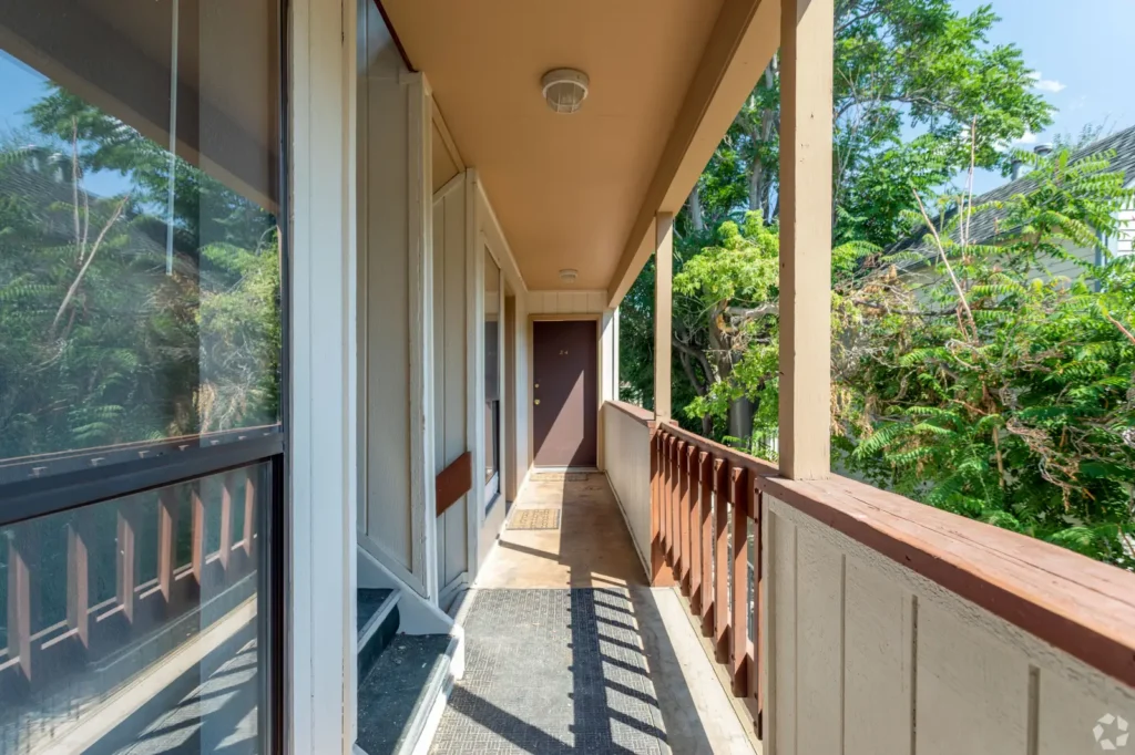 Covered balcony at Goss Street, Boulder, Colorado apartments near campus