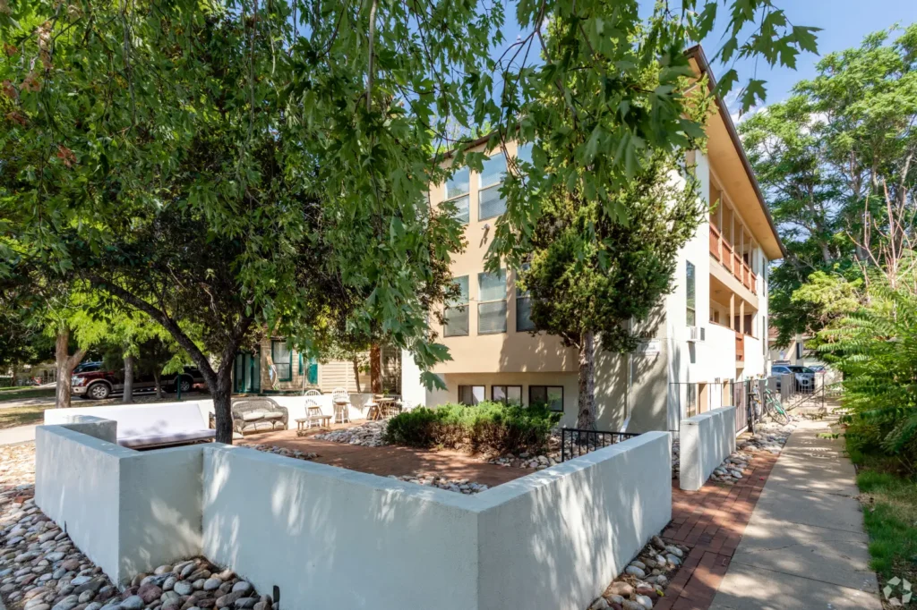 Community exterior walkway at Goss Street, apartments for rent Boulder, Colorado