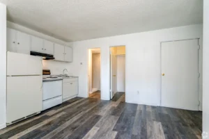 Open living and kitchen area at Goss Street, student apartments Boulder, CO