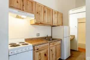 Kitchen interior at Spruce Street, 1 bedroom apartments Boulder, CO